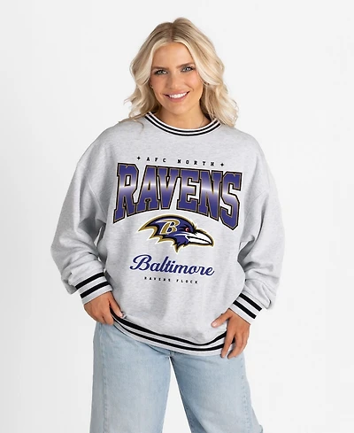 Gameday Couture Women's Ash/Black Baltimore Ravens Oversized Gridiron Drive Ringer Stripe Sweatshirt