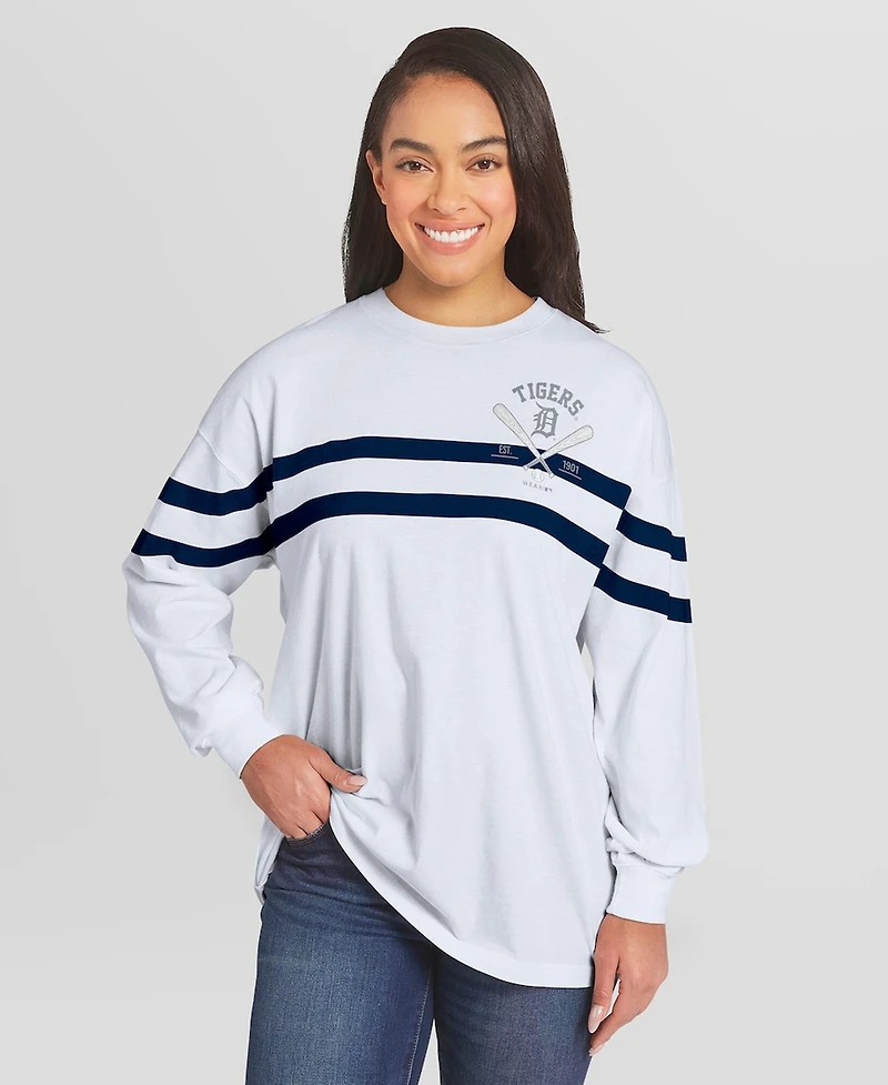 Wear by Erin Andrews Women's White Detroit Tigers Oversized Long Sleeve Striped T-Shirt