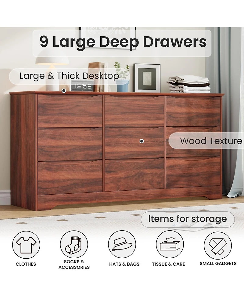 homfan 9-Drawer Wooden Dresser, Tall Modern Chest with Deep Storage, Wide Top Long Dresser for Bedroom, Living Room, Hallway, Kids Room