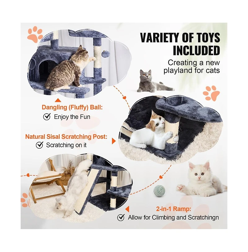 Ruie 68.5 Inch Indoor Cat Tree Tower with 2 Condos Sisal Scratching Post and Hammocks