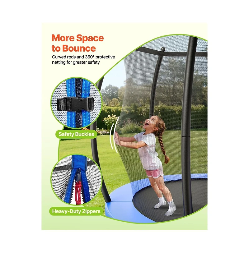 Ruie 8 ft Outdoor Round Trampoline with Enclosure Net Astm Approved 265 lb Capacity
