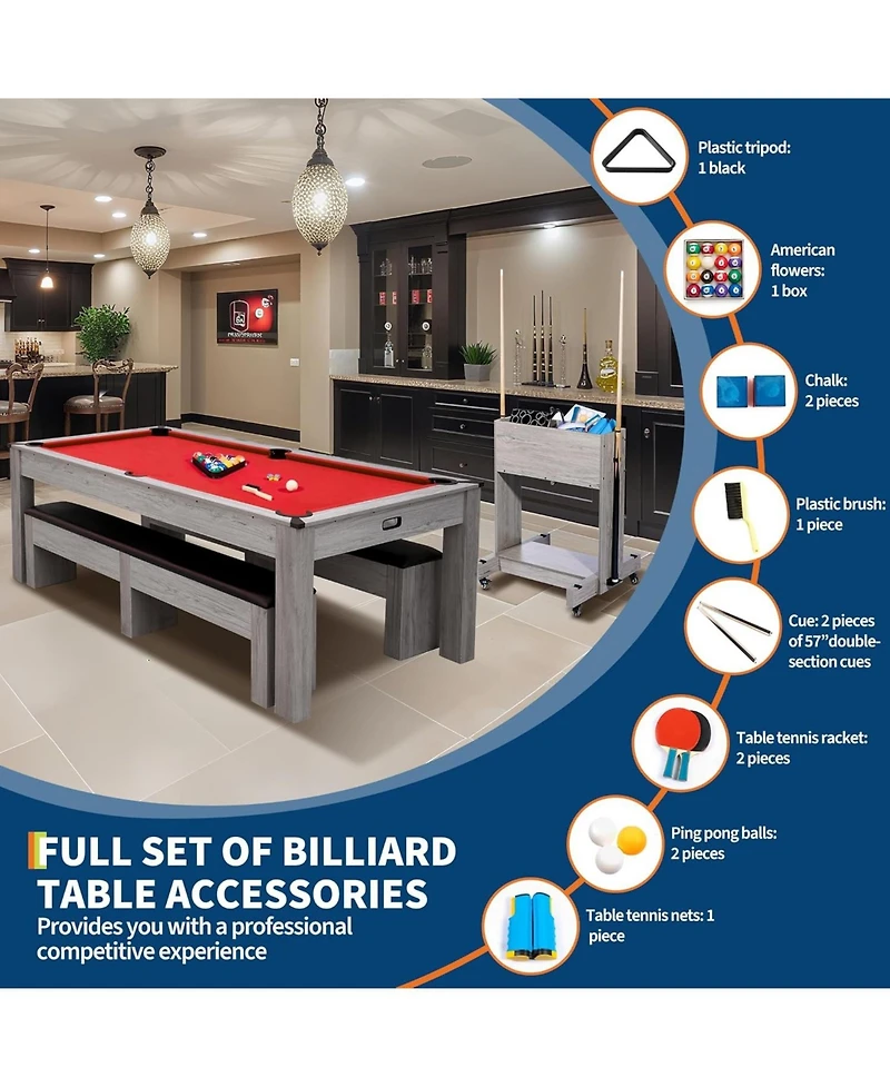 Xo 7FT 3-in-1 Pool Table Dining Combo, Convertible Billiard Table with Table Tennis Top, Multi-Game Table for Family Room