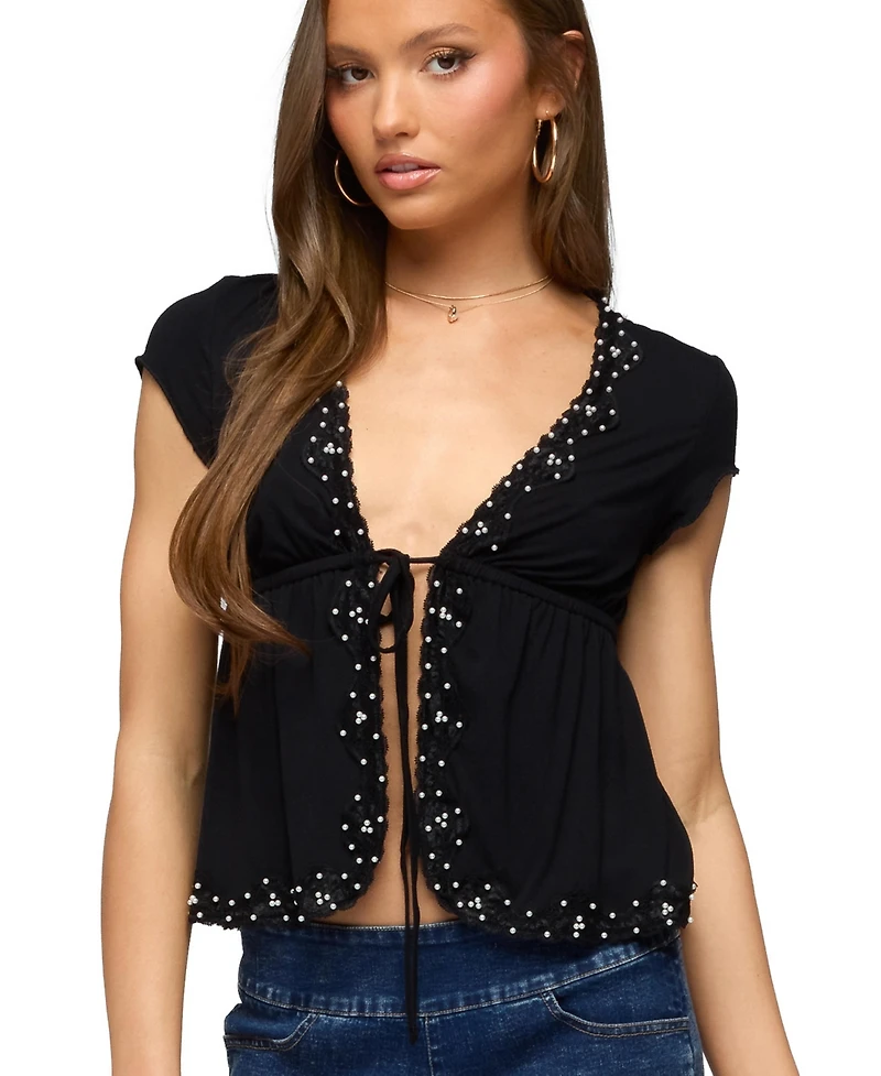 Edikted Women's Sepede Lacey Pearl Tie Front Top