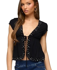 Edikted Women's Sepede Lacey Pearl Tie Front Top
