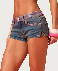 Edikted Womens Barbie Rhinestone Low Rise Denim Shorts