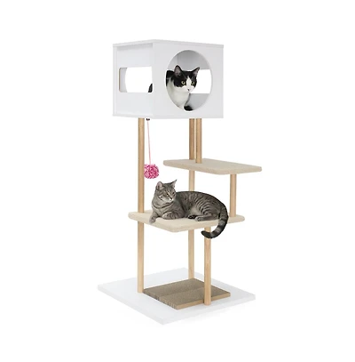 Ruie Tall Wood Cat Tower with 2-Door Condo and Corrugated Scratching Cardboard