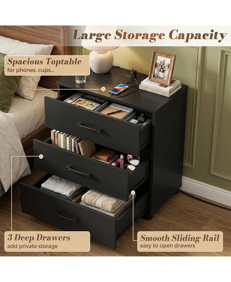 Aheaplus Wooden Nightstands with 3-Drawers, Stackable Dresser Charging Station, End Table