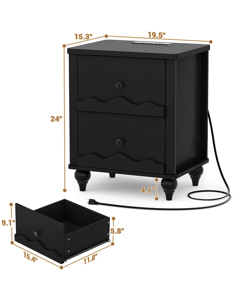 Aheaplus Wooden Nightstand with Charging Station, Storage Dresser 2 Drawers