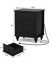 Aheaplus Wooden Nightstand with Charging Station, Storage Dresser 2 Drawers