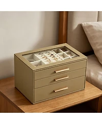 gaomon 3-Tier Jewelry Box with Glass Lid, 3 Drawers, Pearl Velvet Lining, Pu Leather, for Dresser and Vanity