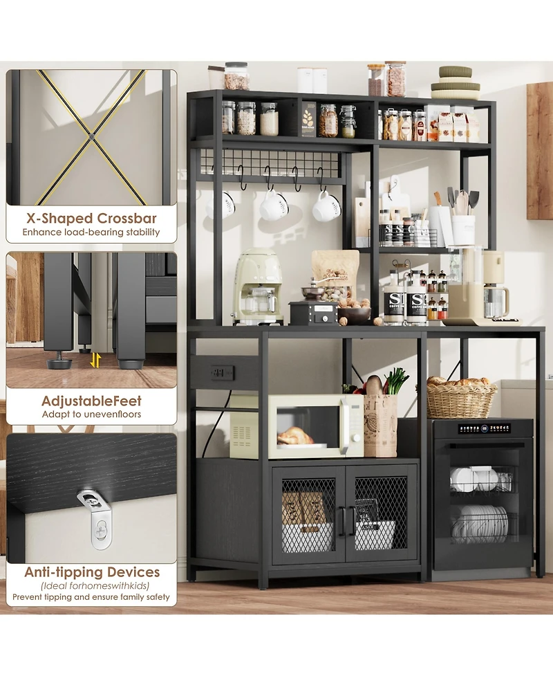 gaomon Industrial Kitchen Bakers Rack with Power Outlet – Microwave Stand Refrigerator Storage Space, Freestanding Shelf for Pantry Living Room