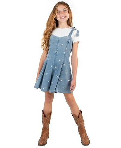 Rare Editions Girls' 7-16 T-Shirt and Embroidered Denim Bow Straps Panelled Romper, 2-Piece Set