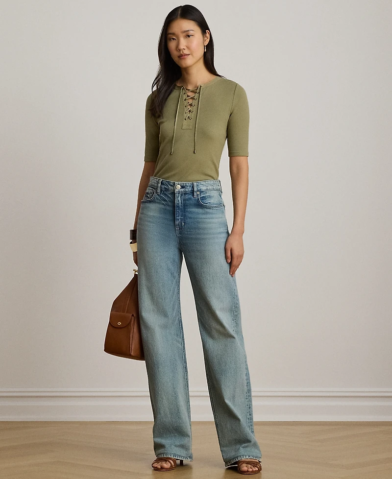 Lauren Ralph Petite Crewneck Lace-Up Ribbed Elbow-Sleeve T-Shirt