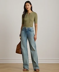 Lauren Ralph Petite Crewneck Lace-Up Ribbed Elbow-Sleeve T-Shirt