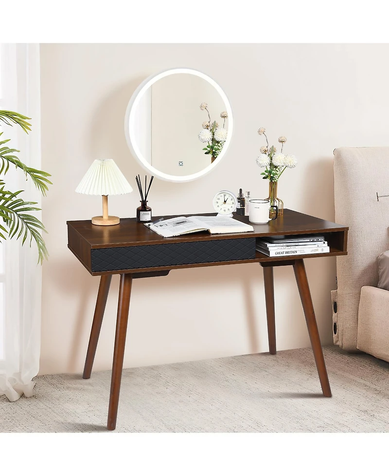 Gaomon Modern Writing Desk with Drawer and Open Shelf, Narrow Home Office Table for Bedroom, Walnut and Black, 42 5 x 19 7 x 29 5 In