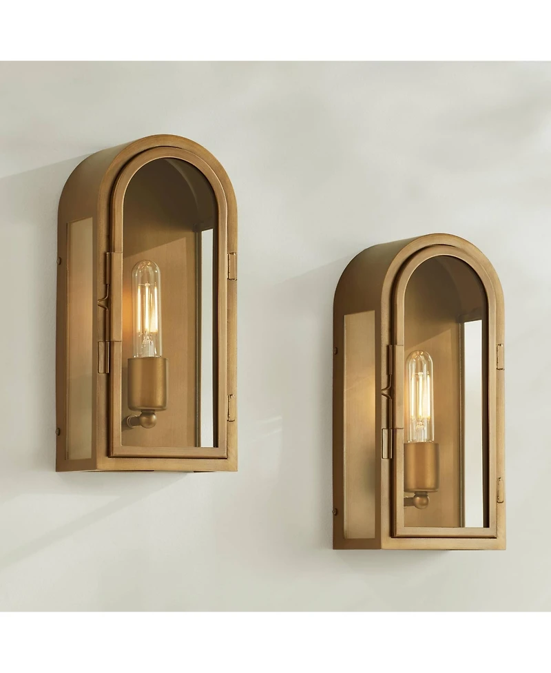 Possini Euro Design Alys 13" High Industrial Outdoor Wall Light Fixture Mount Porch House Set of 2 Gold Aged Brass Finish
