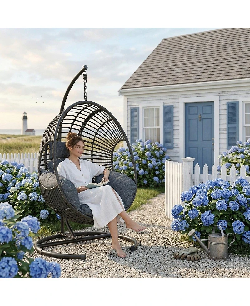 Asagikoiai Outdoor Hanging Rattan Basket Chair with Stand and Cushion for Patio or Balcony