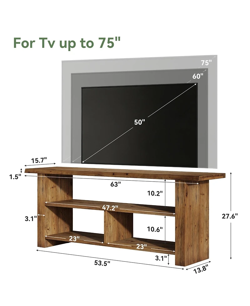 Tribesigns 63" Solid Wood Tv Stand for TVs up to 75 Inch, 3-Tier Farmhouse Wooden Entertainment Center, Low Media Console Television Stands
