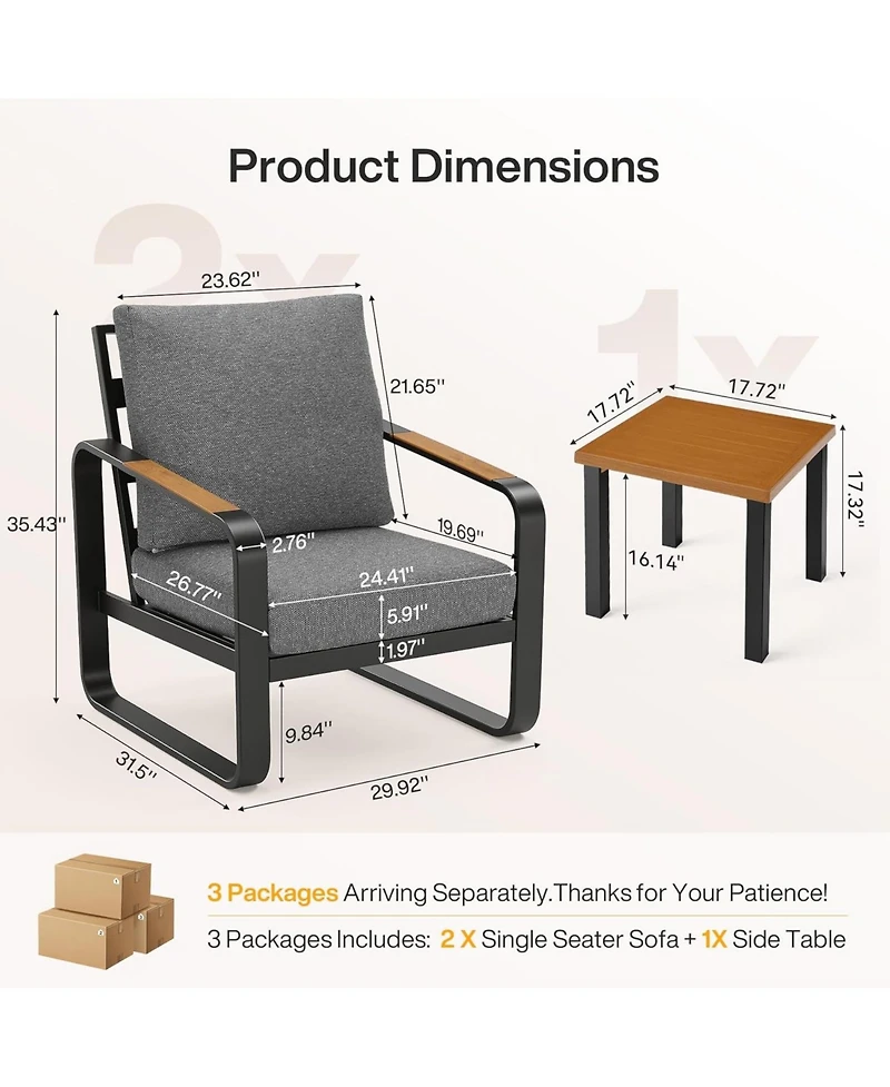 Tribesigns 3-Piece Outdoor Patio Furniture Set with 2 Armchairs and 1 Side Table,Metal Frame with 6'' Thick Cuushions, Outdoor Conversation Set Brand