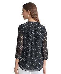 Jones New York Women's V-Neck Pleat Front 3/4 Sleeve Tunic