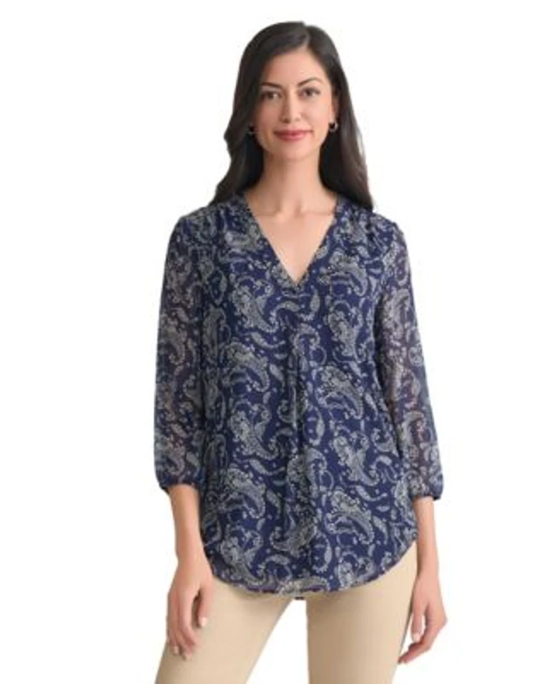 Jones New York Womens Kelly Printed Sheer Sleeve Pleated Blouse