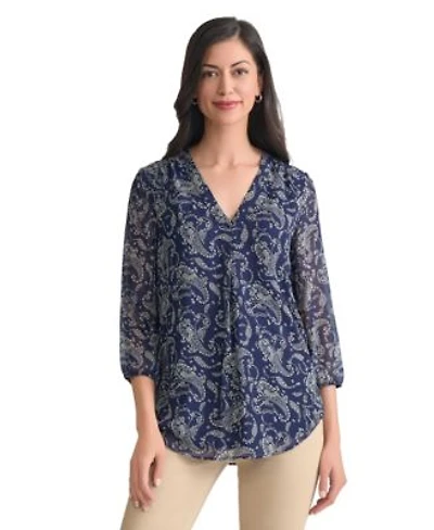 Jones New York Womens Kelly Printed Sheer Sleeve Pleated Blouse