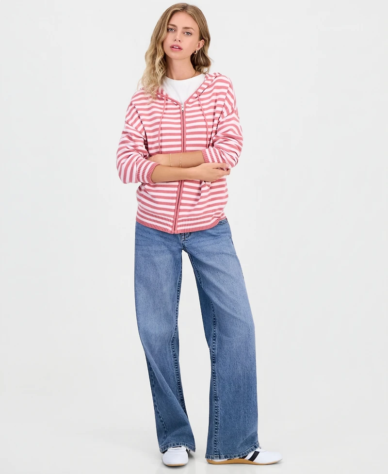 Ultra Flirt Juniors' Striped Full-Zip Hoodie Sweater