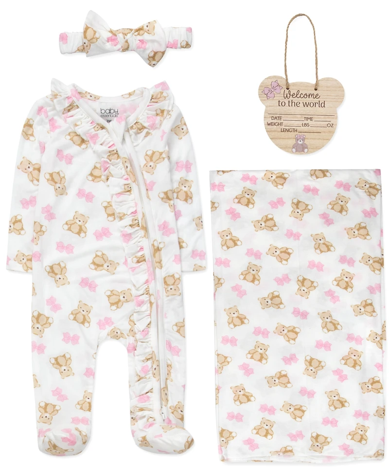 Baby Essentials Girls' Bear Print Coverall, Headband, Blanket, Wood sign, 4-Piece Set