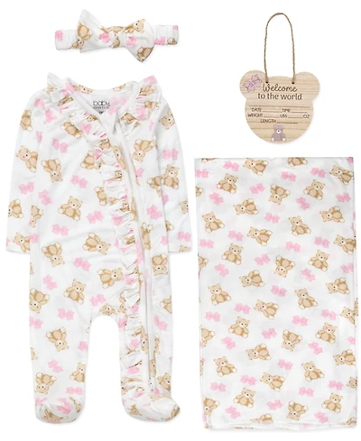 Baby Essentials Girls' Bear Print Coverall, Headband, Blanket, Wood sign, 4-Piece Set