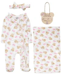 Baby Essentials Girls' Bear Print Coverall, Headband, Blanket, Wood sign, 4-Piece Set