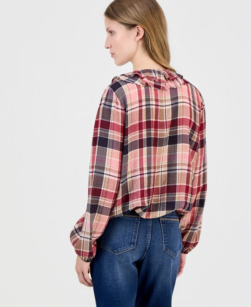 Nautica Women's Ruffled Long-Sleeve Plaid Blouse