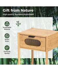 Gymax 2PCS Bamboo Nightstand Farmhouse Bedside Table w/ Tempered Glass Decorated Drawer