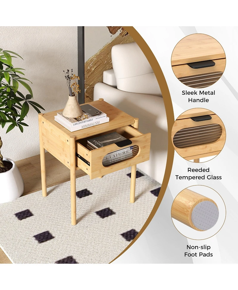 Gymax Bamboo Nightstand Farmhouse Bedside Table w/ Tempered Glass Decorated Drawer