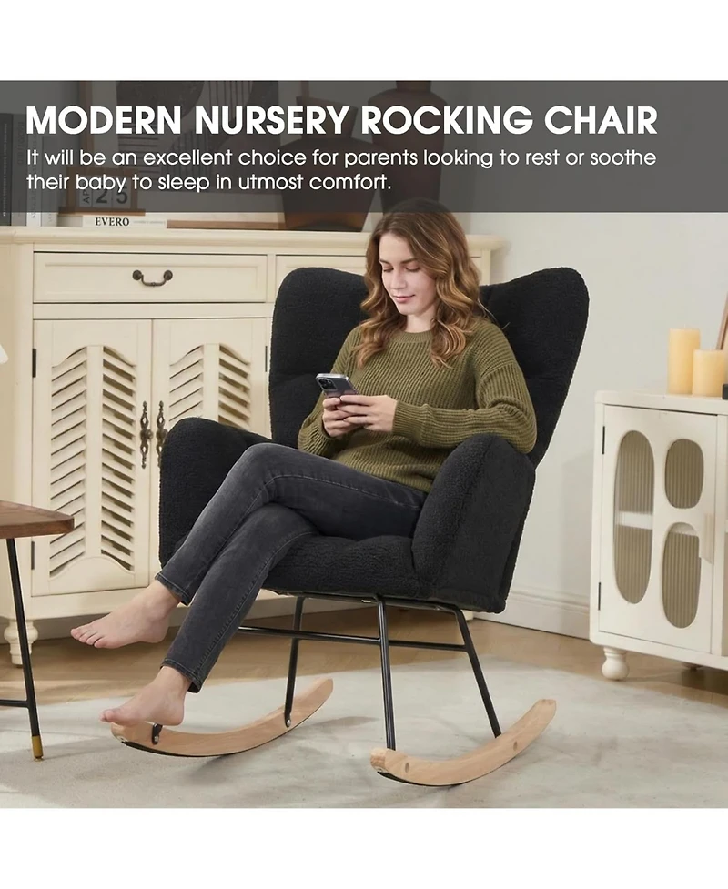 Rainsken Comfortable Glider Rocking Chair, Upholstered Teddy fabric Accent Chairs, Solid Wood Frame, for Living Rooms Bedrooms Offices