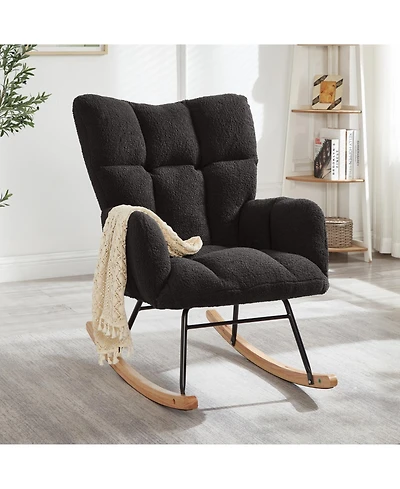 Rainsken Comfortable Glider Rocking Chair, Upholstered Teddy fabric Accent Chairs, Solid Wood Frame, for Living Rooms Bedrooms Offices