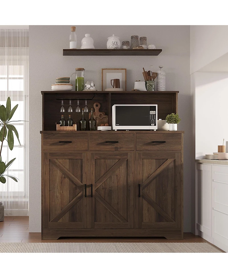 homfan 47in Farmhouse Entryway Storage Cabinet with Microwave Stand Adjustable Shelves, 3 Drawers, Barn Door, Wooden Sideboard Buffet for Kitchen