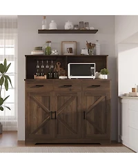 homfan 47in Farmhouse Entryway Storage Cabinet with Microwave Stand Adjustable Shelves, 3 Drawers, Barn Door, Wooden Sideboard Buffet for Kitchen