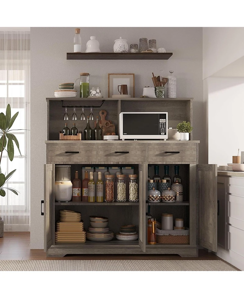 homfan 47in Farmhouse Entryway Storage Cabinet with Microwave Stand Adjustable Shelves, 3 Drawers, Barn Door, Wooden Sideboard Buffet for Kitchen