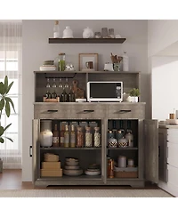 homfan 47in Farmhouse Entryway Storage Cabinet with Microwave Stand Adjustable Shelves, 3 Drawers, Barn Door, Wooden Sideboard Buffet for Kitchen