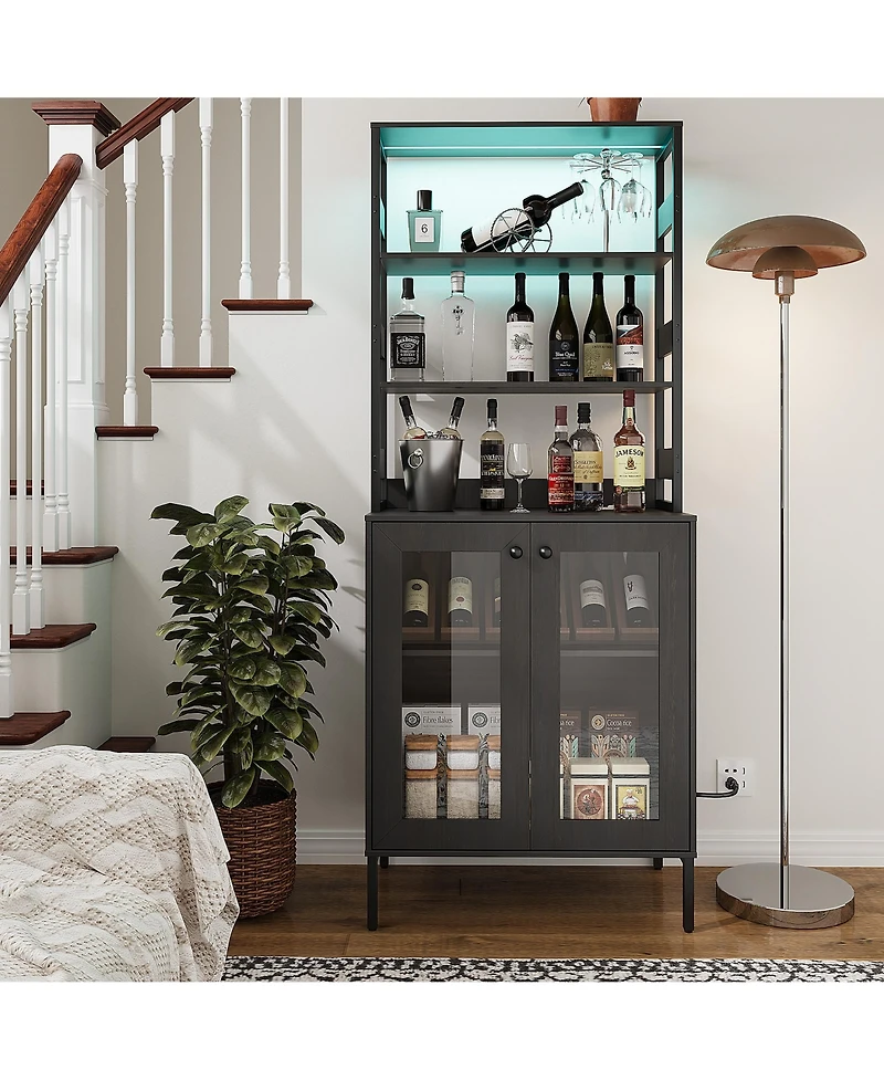 Gaomon 67" Home Bar Cabinet, Wine Storage with Built-in Power Outlets, Led Lighting for Living Room