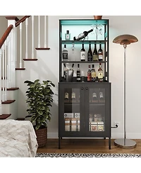 Gaomon 67" Home Bar Cabinet, Wine Storage with Built-in Power Outlets, Led Lighting for Living Room