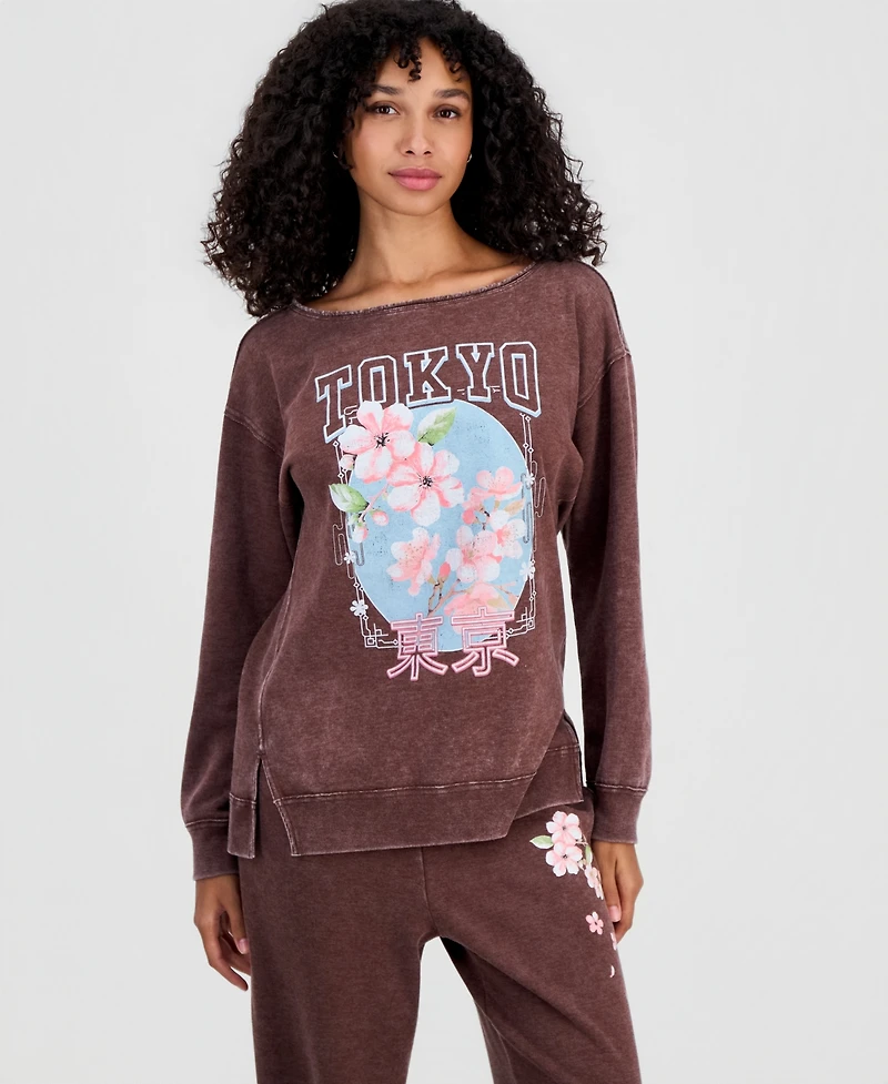 Rebellious One Juniors' Tokyo Flower Mineral-Wash Boat-Neck Fleece Sweatshirt