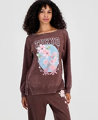 Rebellious One Juniors' Tokyo Flower Mineral-Wash Boat-Neck Fleece Sweatshirt