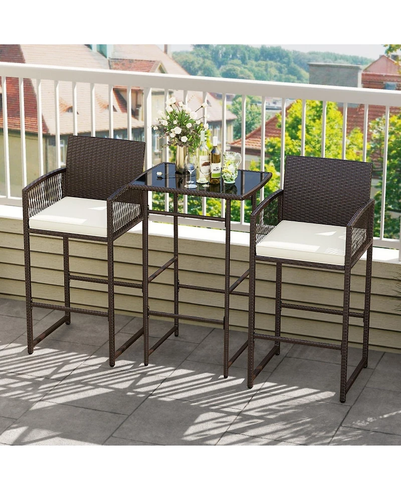 Gouun 3 Piece Outdoor Bar Set with Pe Wicker Bar Table, 2 Armchairs and Seat Cushions
