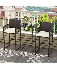 Gouun 3 Piece Outdoor Bar Set with Pe Wicker Bar Table, 2 Armchairs and Seat Cushions