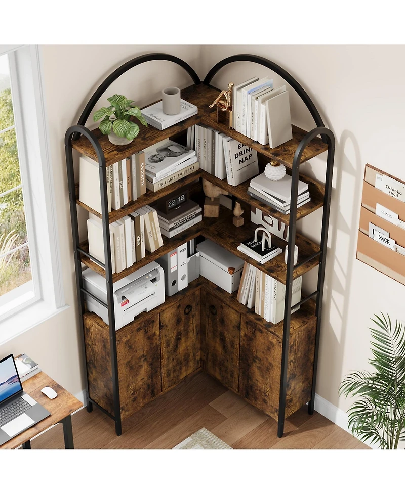 gaomon 74 Inch Corner 6 Tier Bookshelf with Cabinet Doors and Storage Shelves for Living Room Home Office, Brown