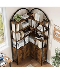 gaomon 74 Inch Corner 6 Tier Bookshelf with Cabinet Doors and Storage Shelves for Living Room Home Office, Brown
