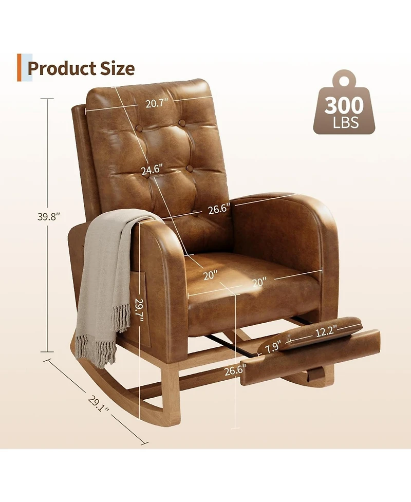 gaomon Modern Nursery Rocking Chair, Pu Leather Upholstered Rocking Chair with Footrest, Comfortable Rocker Recliner with Side Pocket