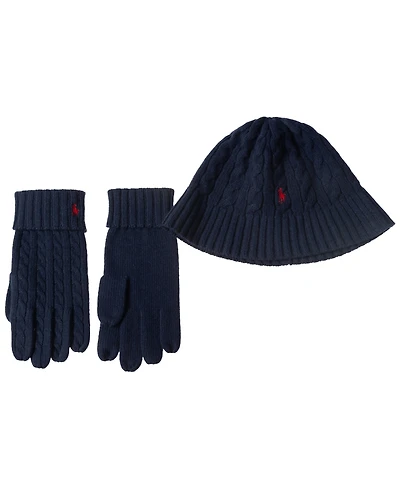 Polo Ralph Lauren Men's Wool Blend Cable Bucket Hat and Gloves, 2-Piece Set