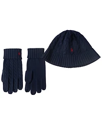 Polo Ralph Lauren Men's Wool Blend Cable Bucket Hat and Gloves, 2-Piece Set